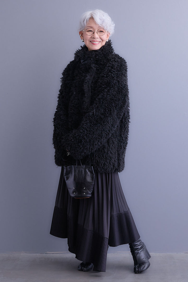 【SET】アシンメトリーロンT+プードルボア2WAYカラーコート+アシンメトリープリーツスカート(3set)