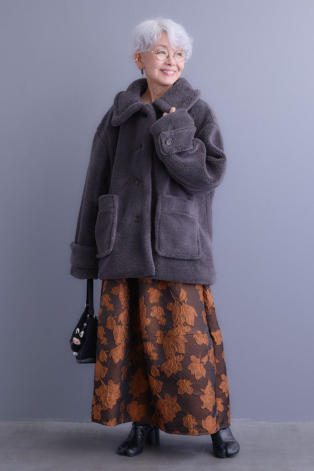 【SET】テディボアフラットカラーコート+ジャガードフラワースカート(2set)