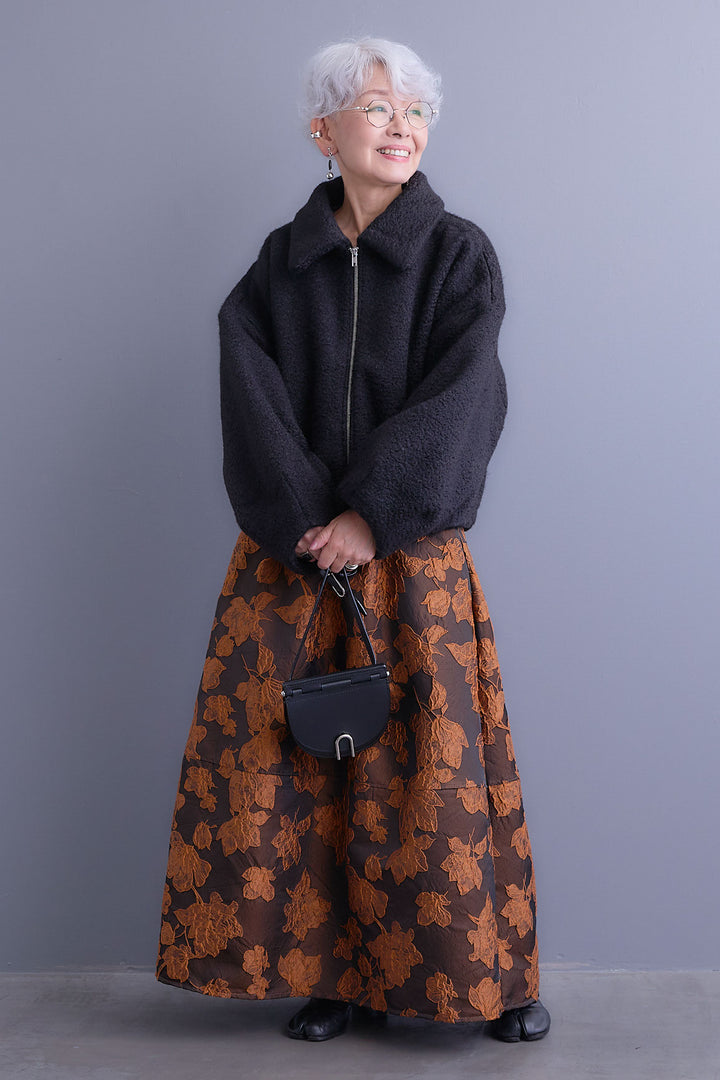 【SET】シープボアボリュームスリーブジャケット+ジャガードフラワースカート(2set)