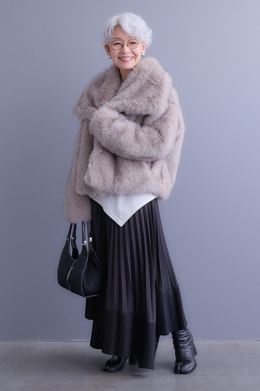 【SET】アシンメトリーロンT+オーバーカラーファーコート+アシンメトリープリーツスカート(3set)