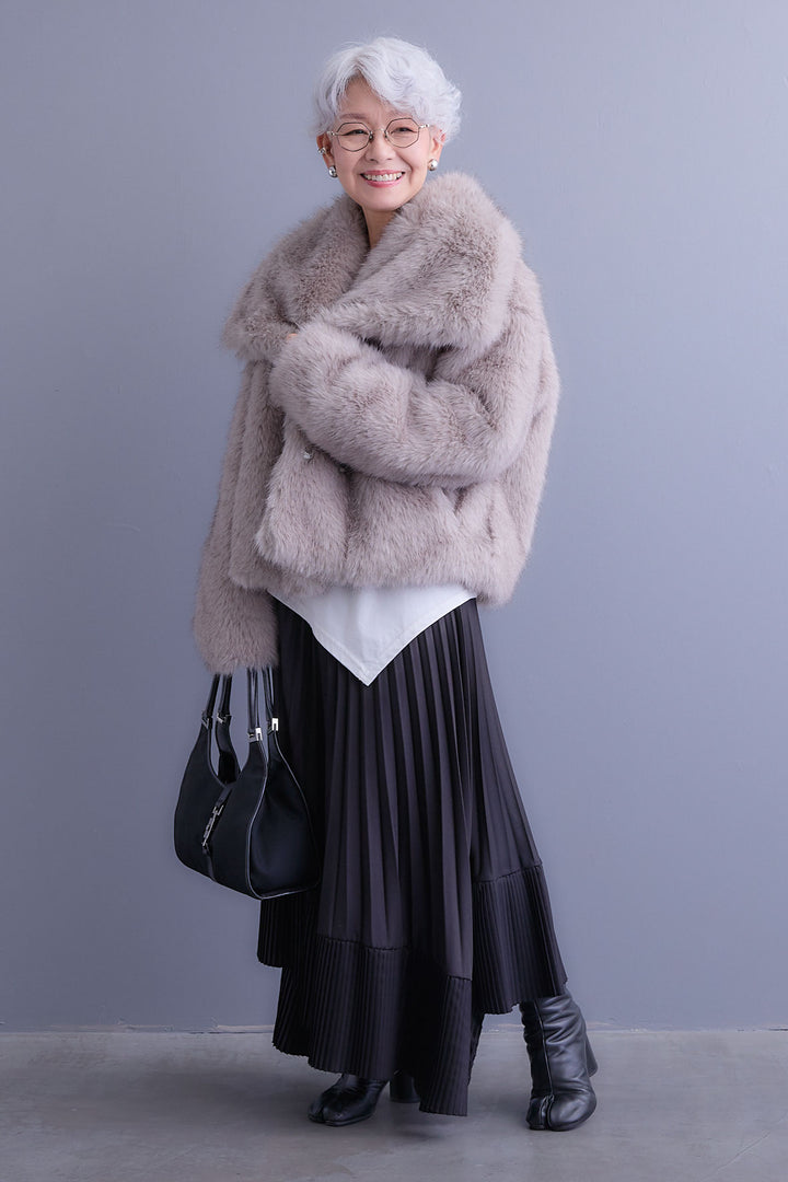 【SET】アシンメトリーロンT+オーバーカラーファーコート+アシンメトリープリーツスカート(3set)