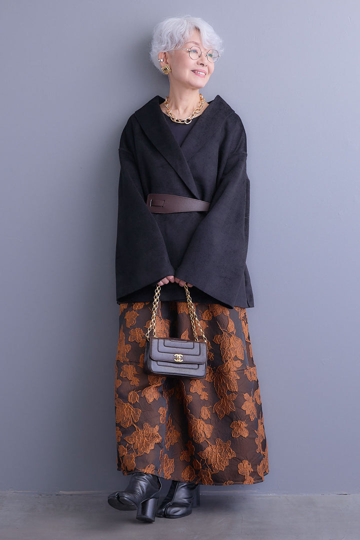 【SET】メルトンソフトショールカラーコート【ベルト付き】+ジャガードフラワースカート(2set)