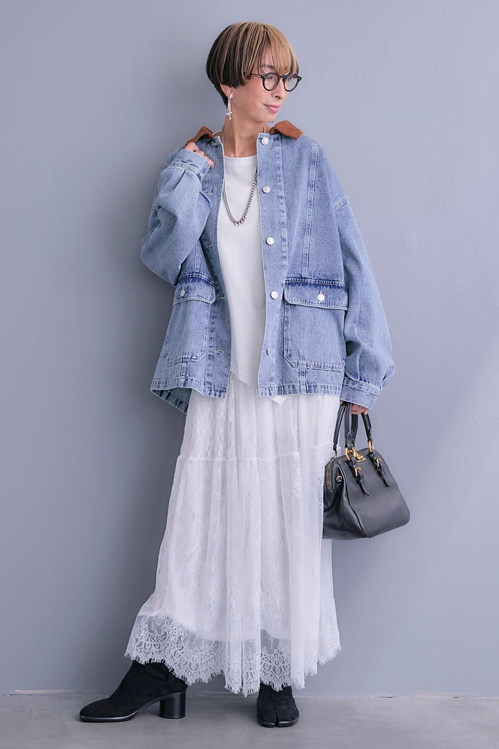 【SET】コーデュロイカラー10ozデニムジャケット+アシンメトリーロンT+アイラッシュレースロングスカート(3set)