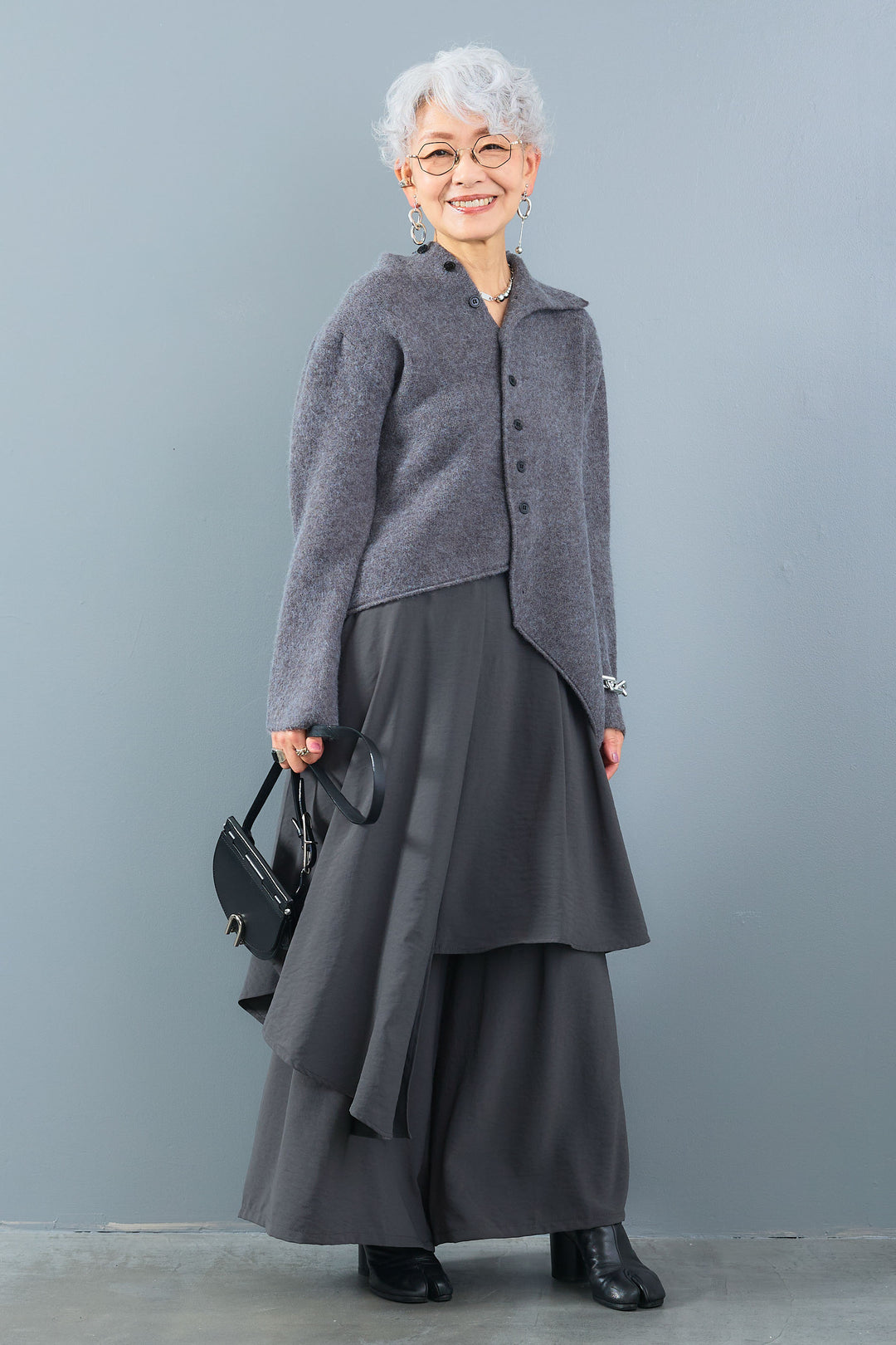 【SET】アシメハイネックボタンニット+アシメレイヤードワイドパンツ(2set)