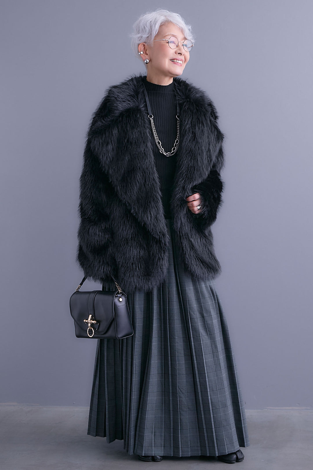 【SET】テーラードカラーファーコート+グレンチェックプリーツスカート(2set)