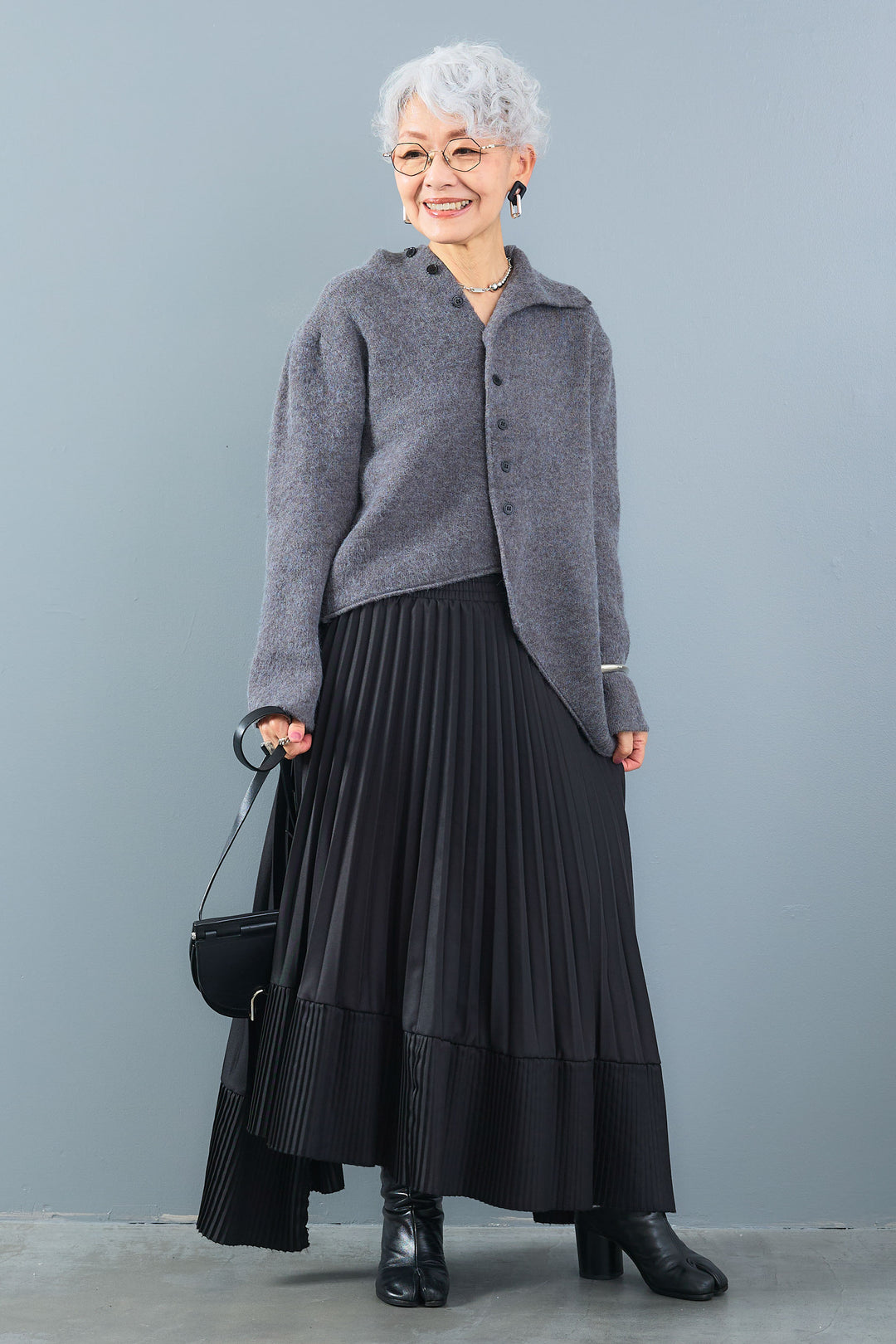 【SET】アシメハイネックボタンニット+アシンメトリープリーツスカート(2set)