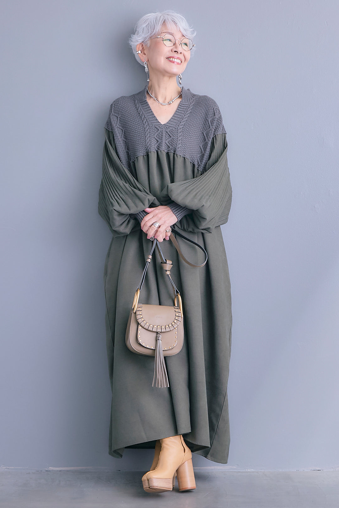 【予約】コーデュロイ×ニットコンビキーネックワンピース