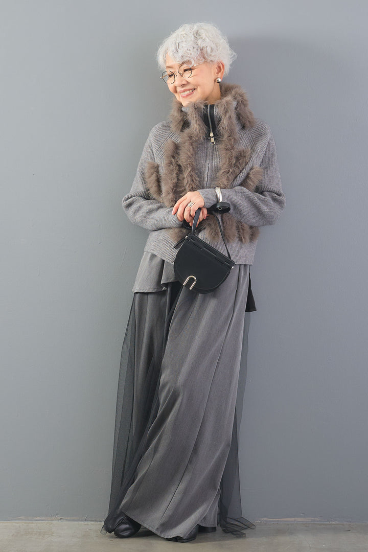 【SET】アレンジネックファーZIPニット+アシメチュールレイヤードワイドパンツ(2set)