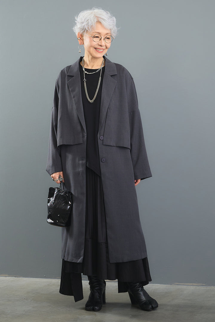【SET】アシンメトリーロンT+ドッキングテーラードロングベスト+ドッキングノーカラーショートジャケット+アシンメトリープリーツスカート(4set)