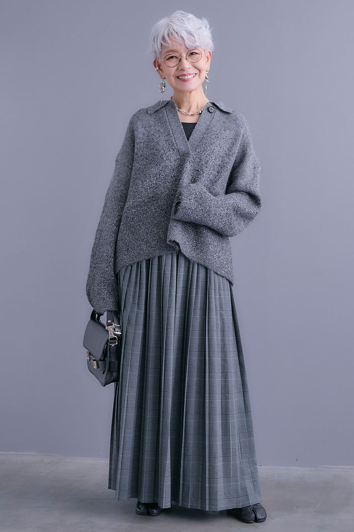 【SET】グラデーションラメキーネックニット+グレンチェックプリーツスカート(2set)