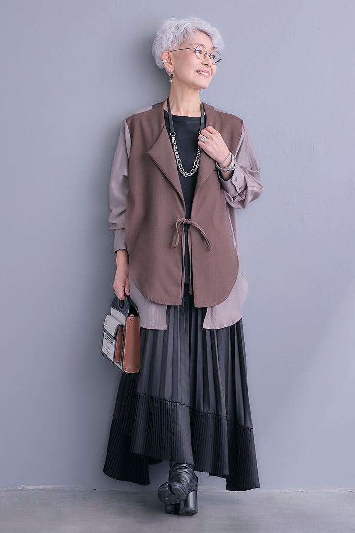 【SET】シアーシャツドッキングジャケット+アシンメトリーロンT+アシンメトリープリーツスカート(3set)