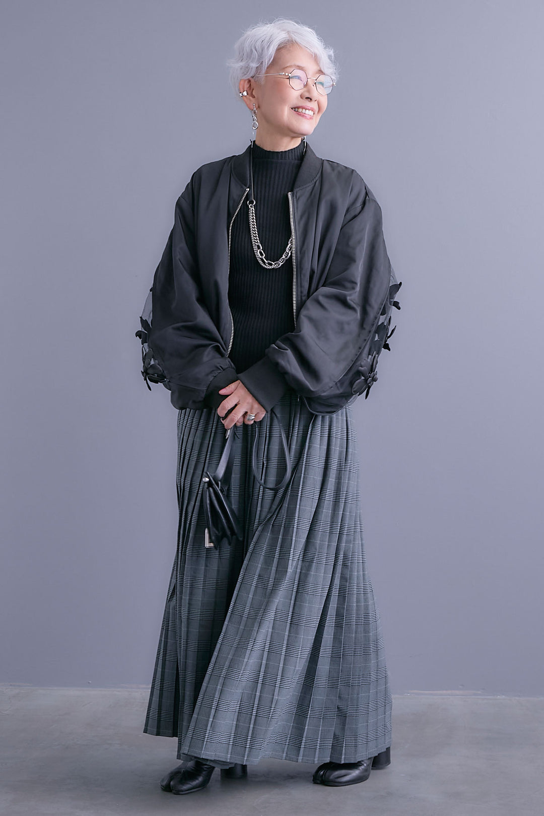 【SET】チュールフラワースリーブMA-1【2WAY】+グレンチェックプリーツスカート(2set)