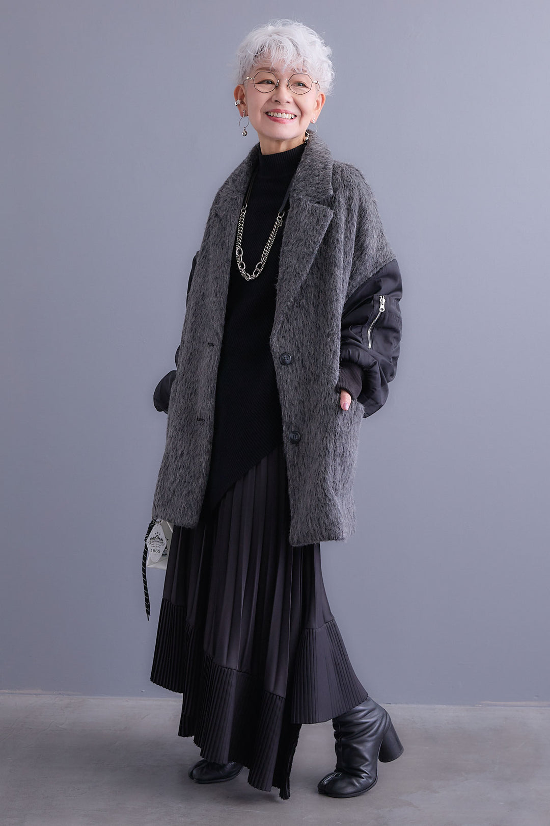 【新色追加】【SET】アシンメトリーオーバーニット+チュールレイヤードMA-1シャギーオーバーコート+アシンメトリープリーツスカート(3set)