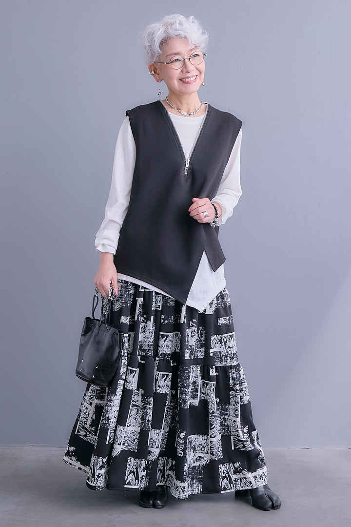 【SET】ZIPオープンVネックベスト+アシメロンT+スズランモノトーンフレアスカート(2set)