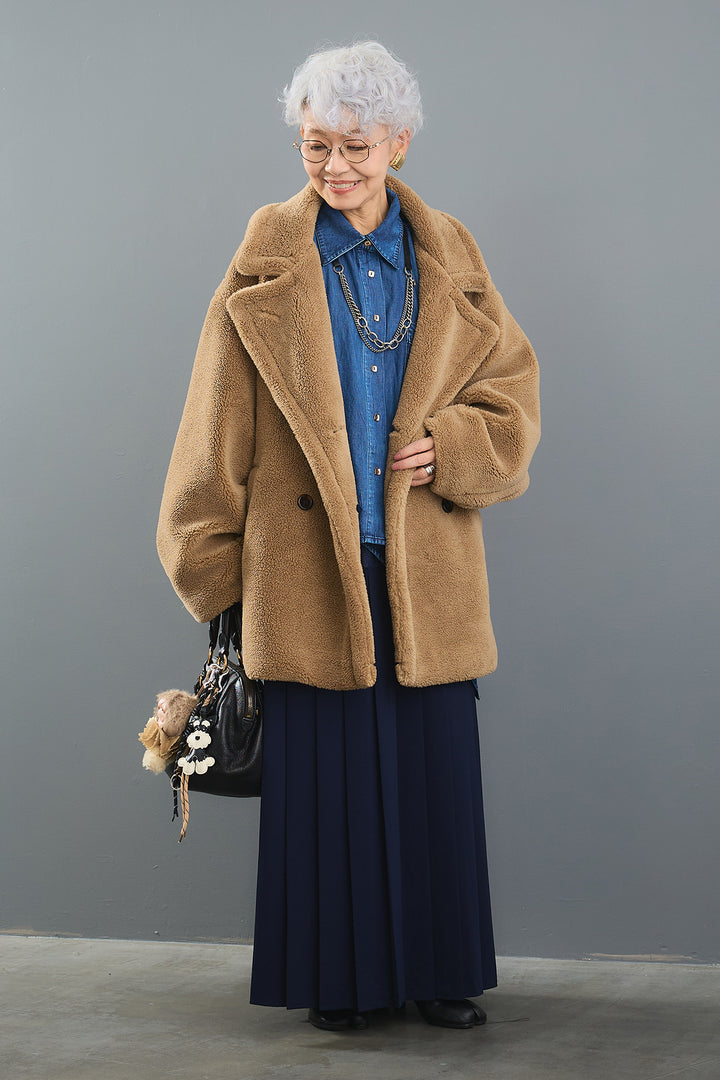 【SET】ヴィンテージアシンメトリーデニムシャツ+テディボアミディコート+デニムドッキングプリーツスカート(3set)