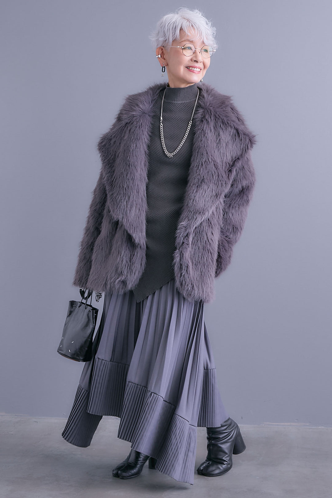 【SET】アシンメトリーオーバーニット+テーラードカラーファーコート+アシンメトリープリーツスカート(3set)