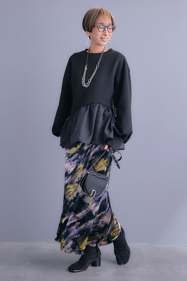 【SET】アシメペプラムオーガンジートップス+ベロアニュアンスアートスカート(2set)