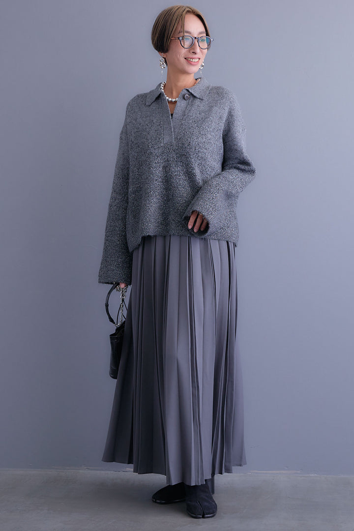【SET】グラデーションラメキーネックニット+ダブルプリーツロングスカート(2set)