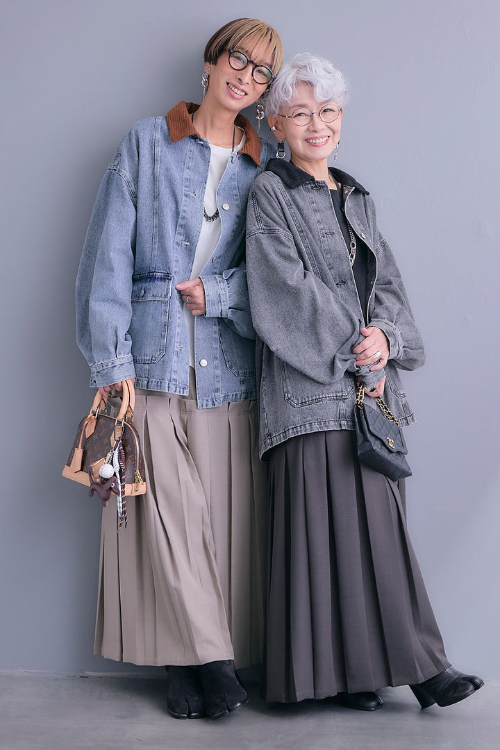 【SET】コーデュロイカラー10ozデニムジャケット+アシンメトリーロンT+ボックスプリーツロングスカート(3set)