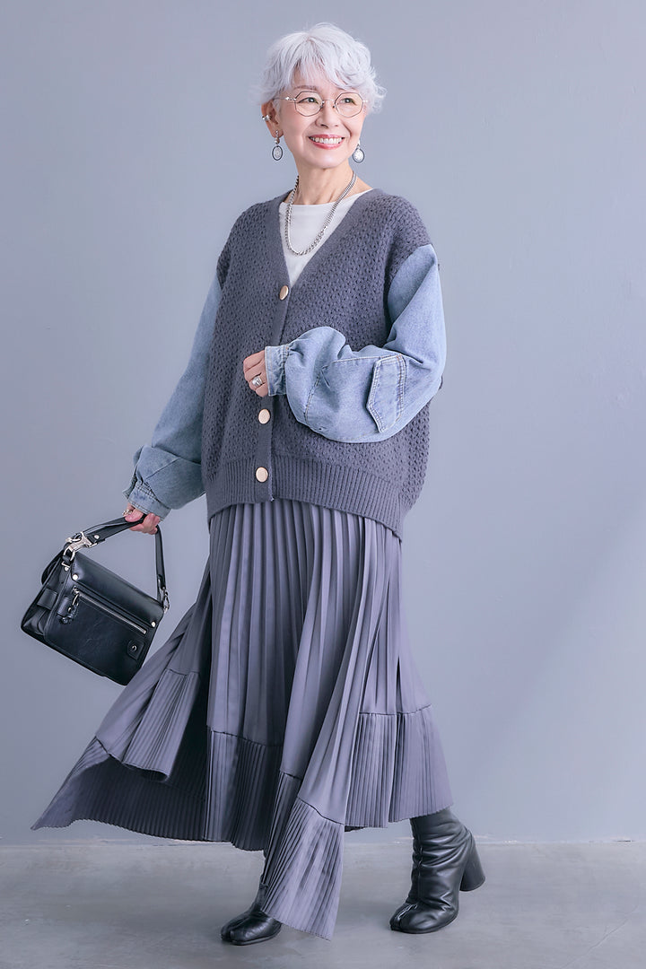 【予約】デニムスリーブニットオーバーカーデ