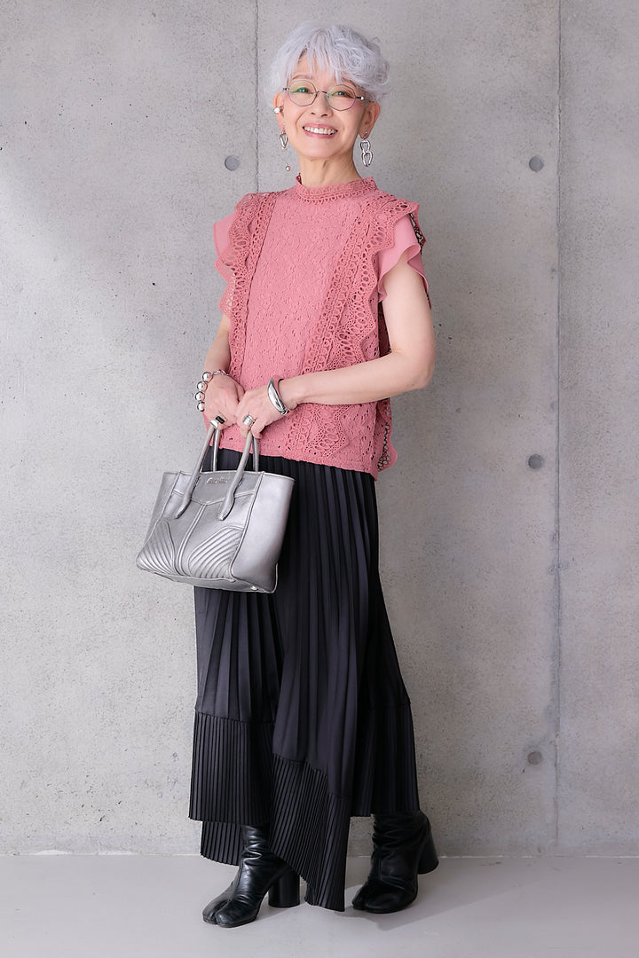 【SET】接触冷感スタンドカラーフレンチスリーブレースブラウス+アシンメトリープリーツスカート(2set)