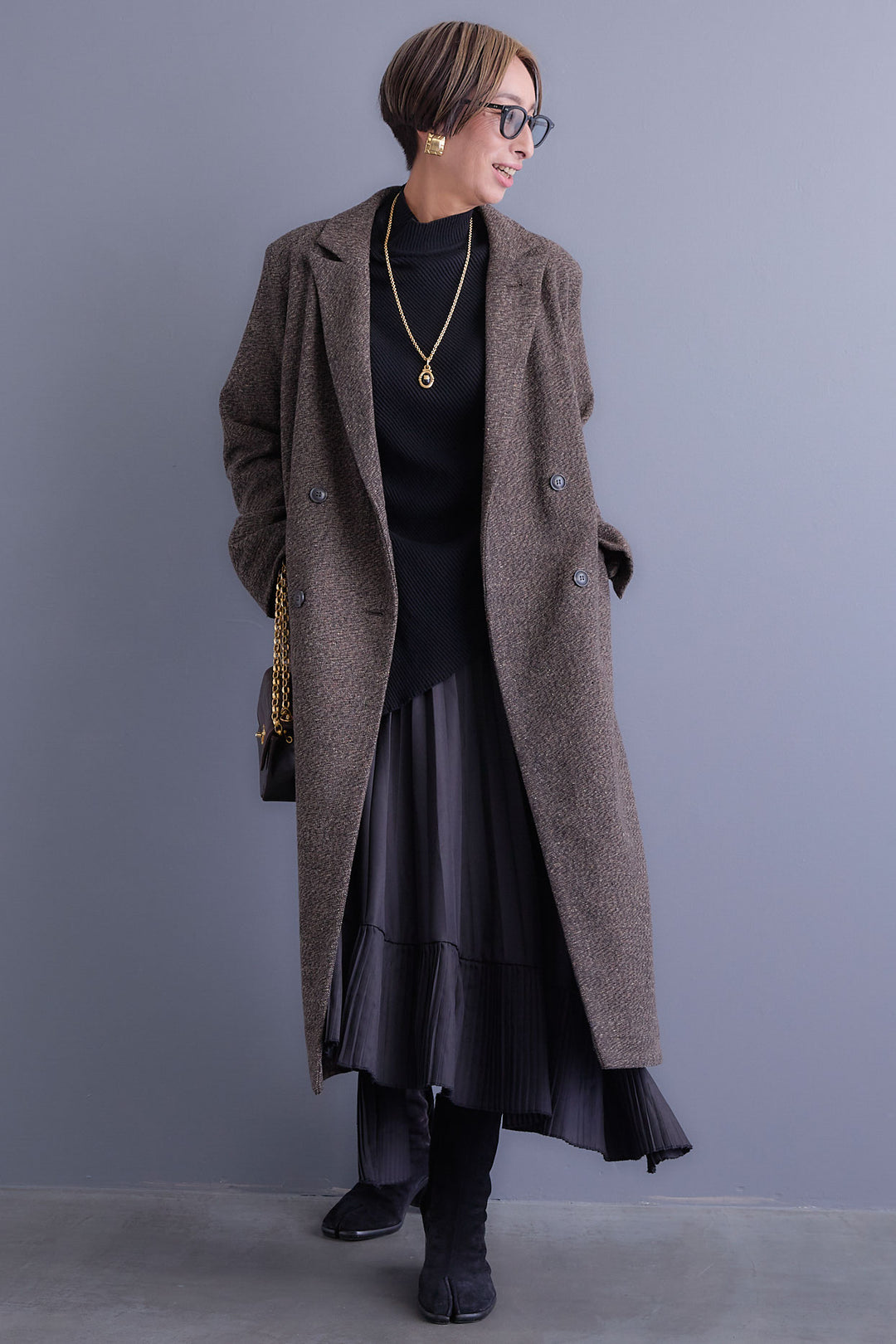 【SET】アシンメトリーオーバーニット+ツイードロングチェスターコート+アシンメトリープリーツスカート(3set)