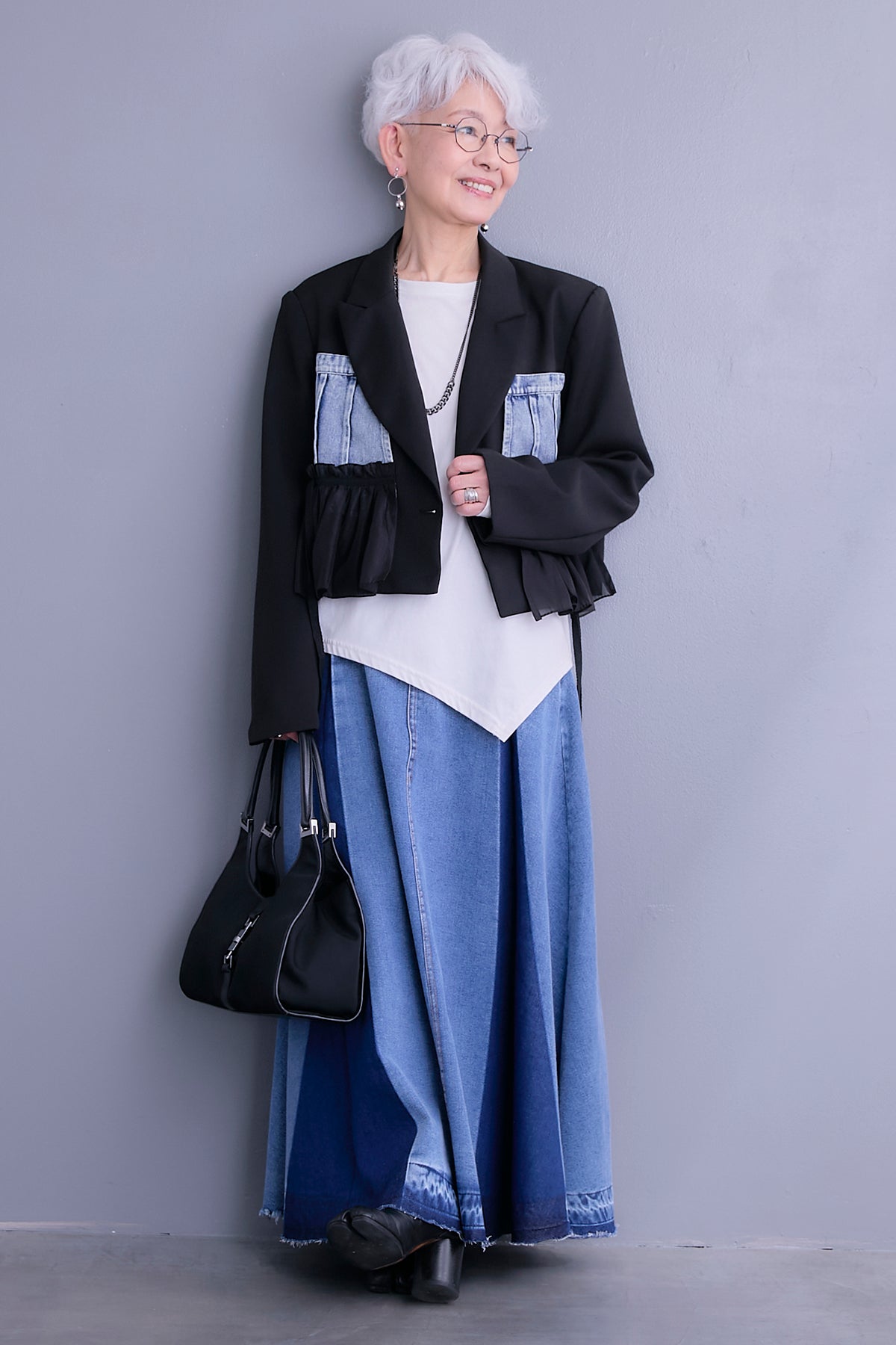 SET】デニムドッキングショートジャケット+アシンメトリーロンT+