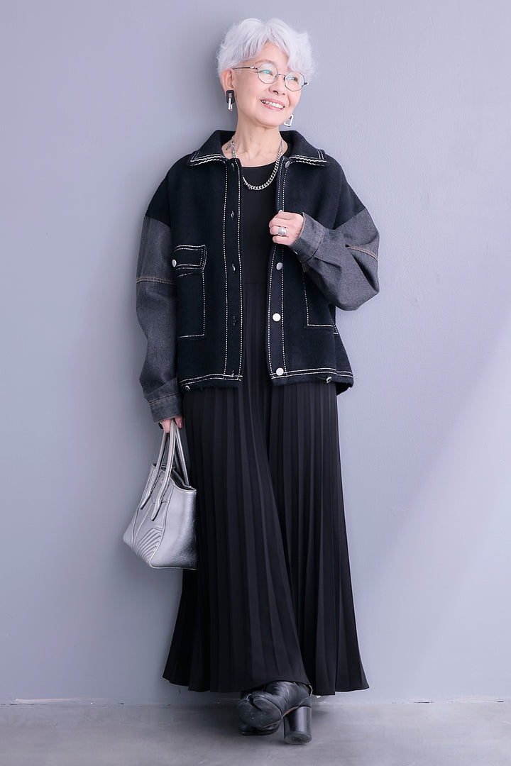 【SET】ステッチニット×デニムスリーブジャケット+プリーツストレッチロングワンピース(2set)