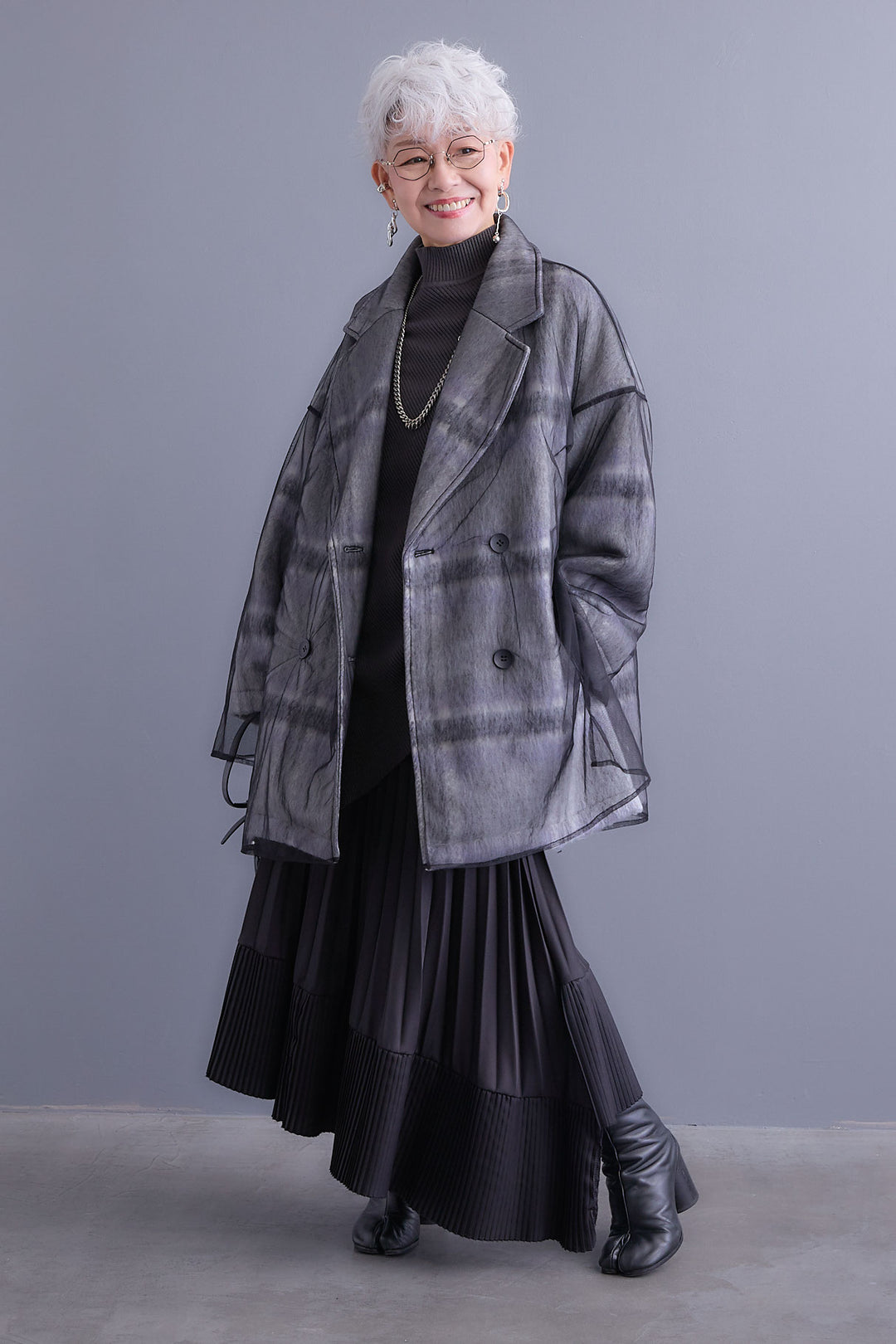 【SET】アシンメトリーオーバーニット+チュールレイヤードシャギーチェックコート+アシンメトリープリーツスカート(3set)