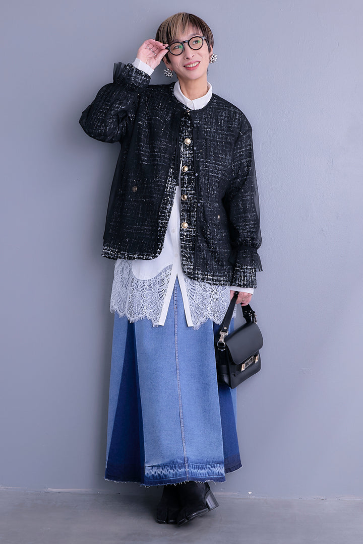 【SET】ツイード×チュールレイヤードノーカラージャケット+ヘムレースロングシャツ+プリーツタックデニムスカート(3set)