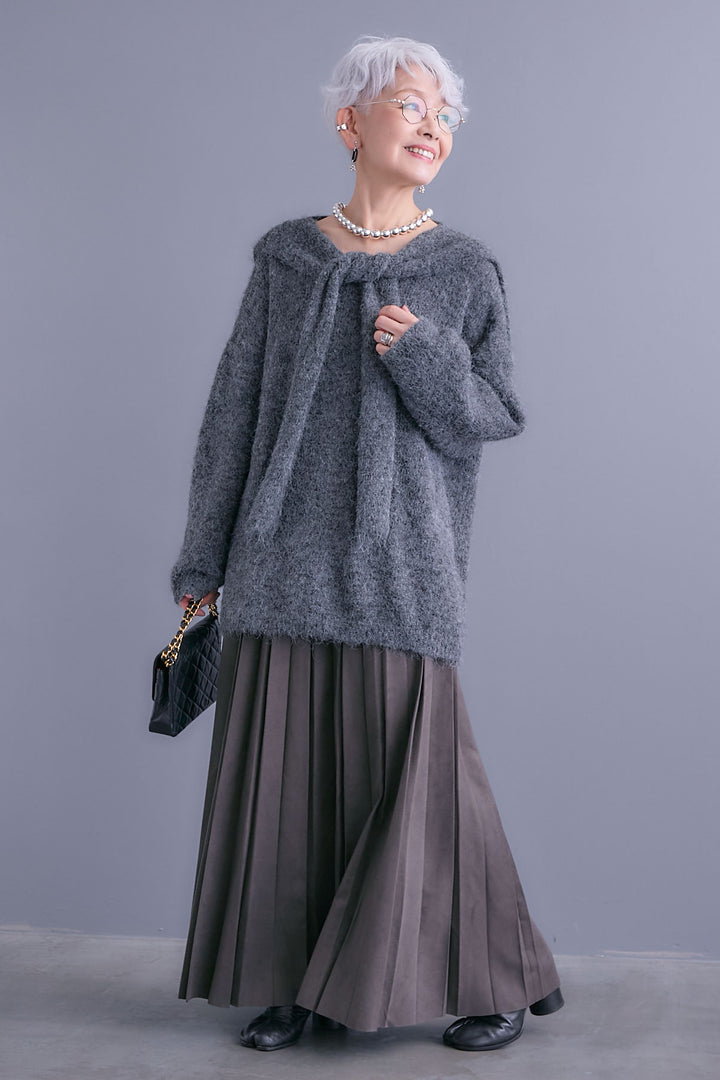 【SET】カーデケープVネックニット+スエードロングプリーツスカート(2set)