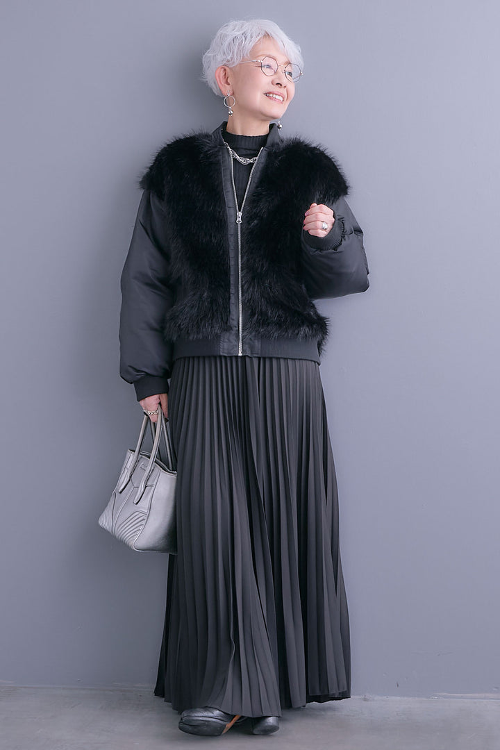 【SET】ファーシャギーMA-1ブルゾン+ルーズロングプリーツスカート(2set)