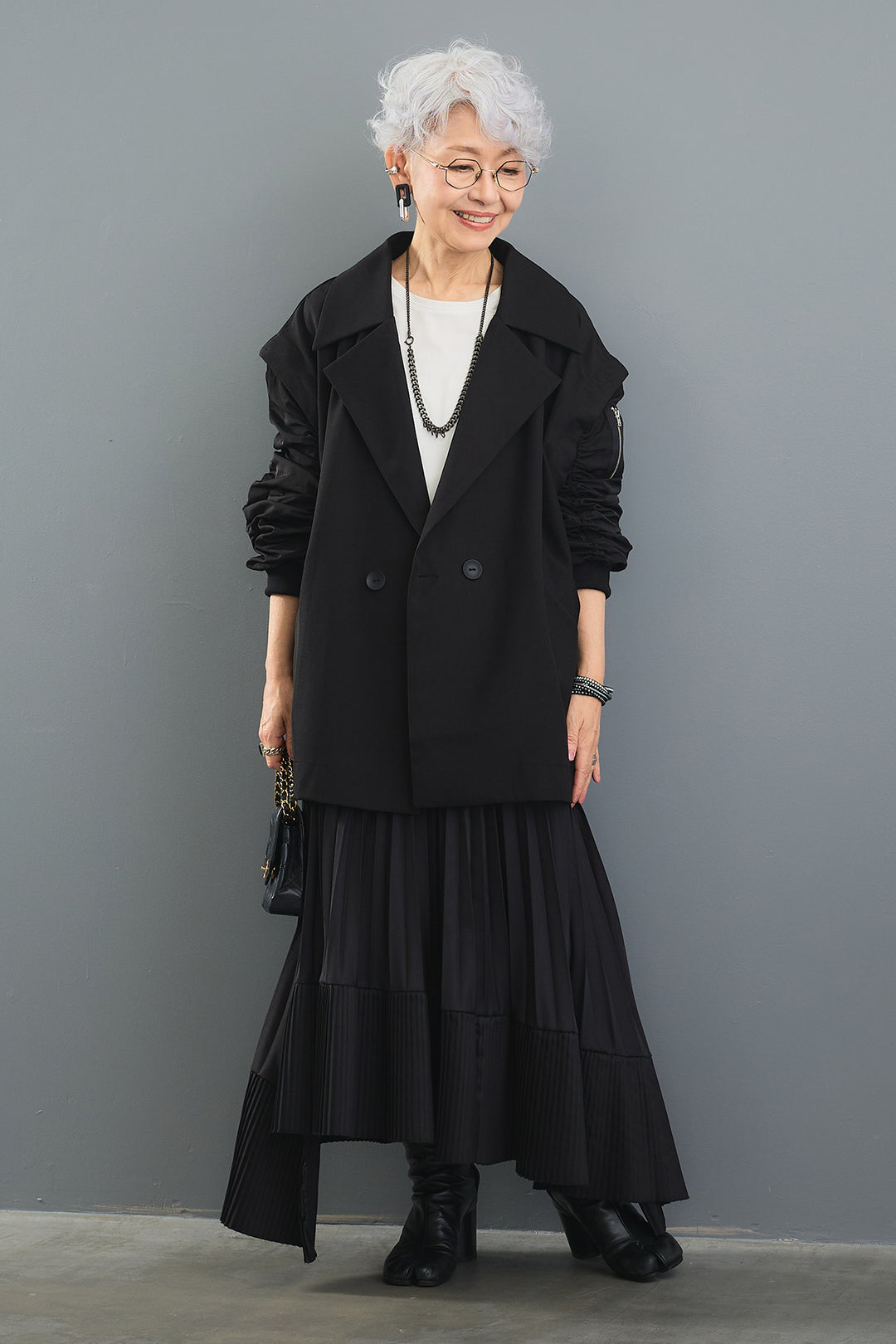 【SET】アシンメトリーロンT+シャーリングMA-1ジャケット【2WAY】+アシンメトリープリーツスカート(3set)
