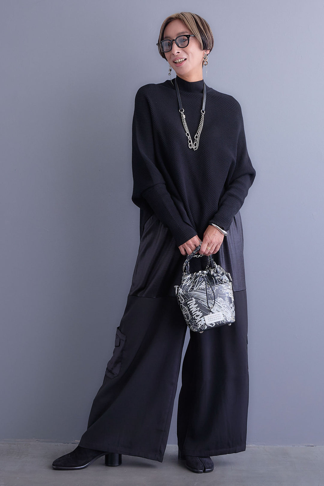 【SET】アシンメトリーオーバーニット+パテントデザインワイドパンツ(2set)