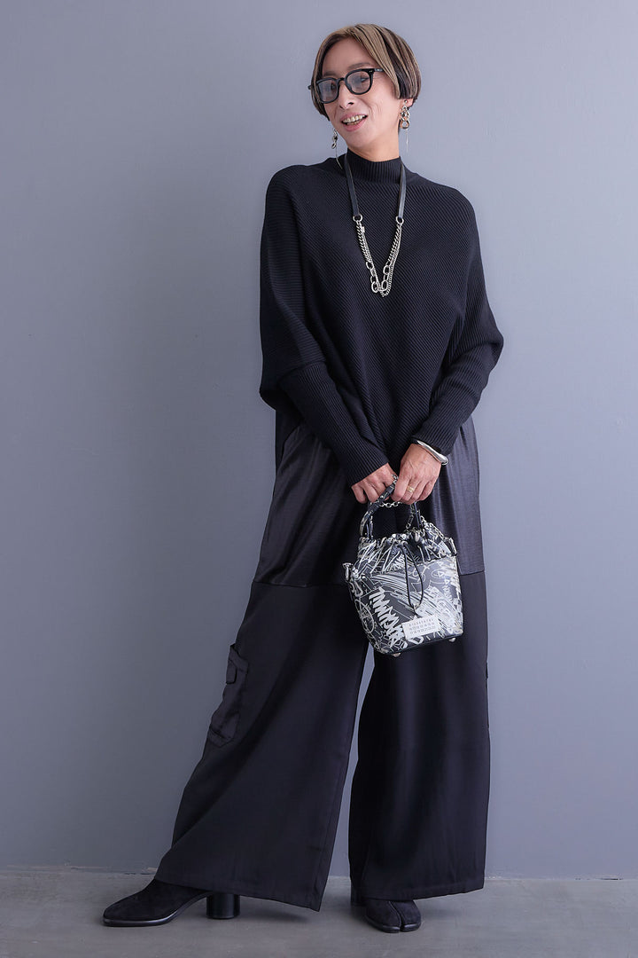 【SET】アシンメトリーオーバーニット+パテントデザインワイドパンツ(2set)