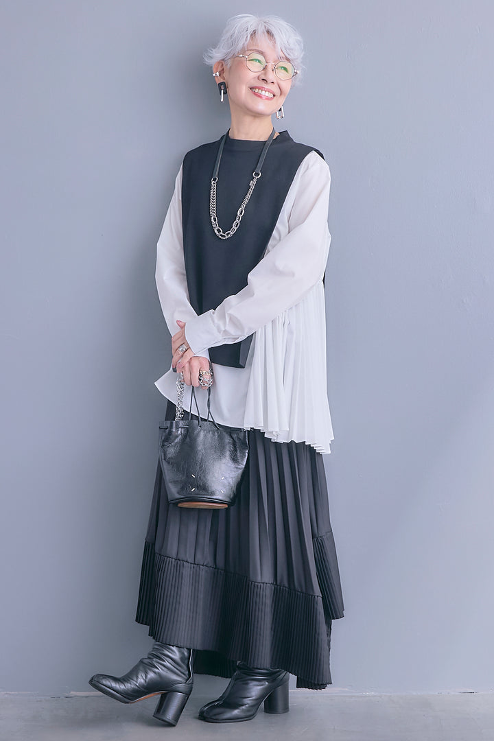 【予約】アシメサイドプリーツブラウス+サイドオープンニットベスト(ベルト付き)