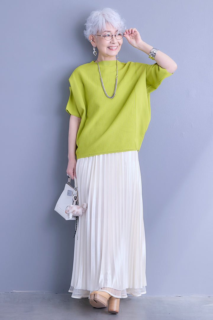 【SET】アップスリーブニットプルオーバー+2WAYラメサテンプリーツ×シアーティアードチュールスカート(2set)