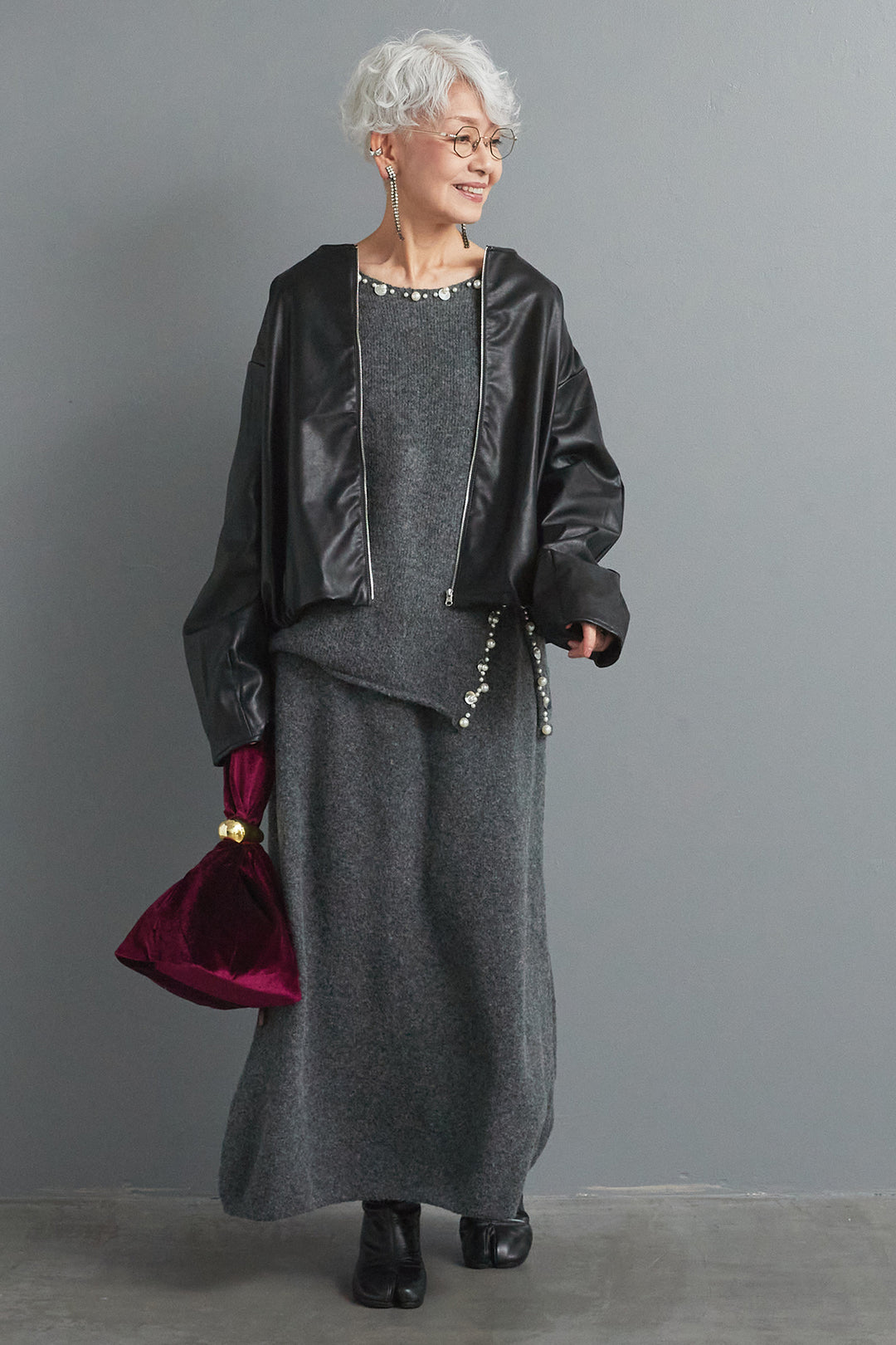 【SET】ビジューニットセットアップ+ラウンドシルエットエコレザーノーカラージャケット(2set)