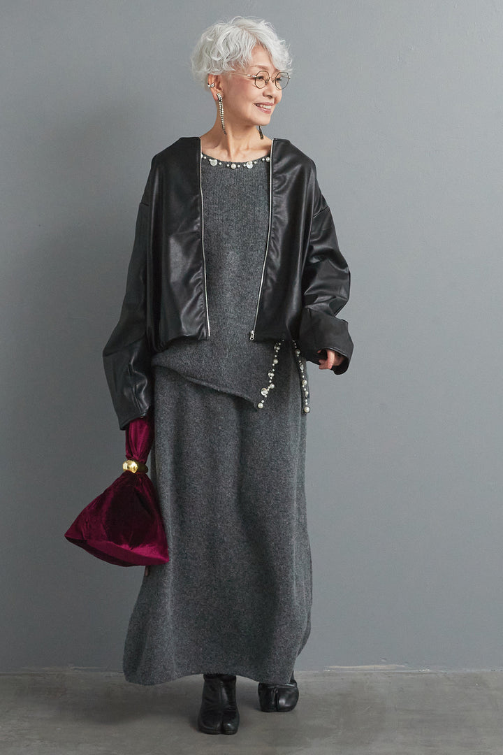 【SET】ビジューニットセットアップ+ラウンドシルエットエコレザーノーカラージャケット(2set)