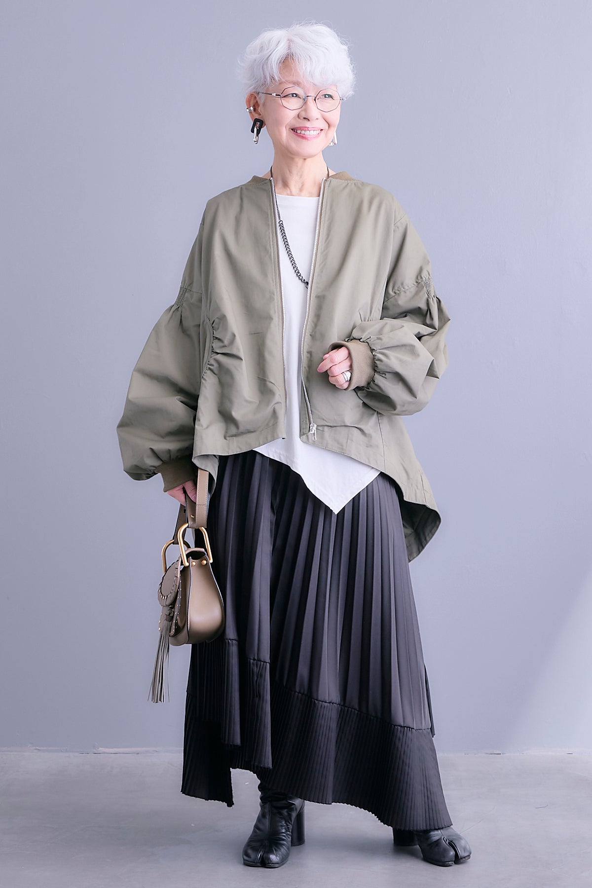 SET】シャーリングデザインボリュームスリーブブルゾン+アシンメトリー