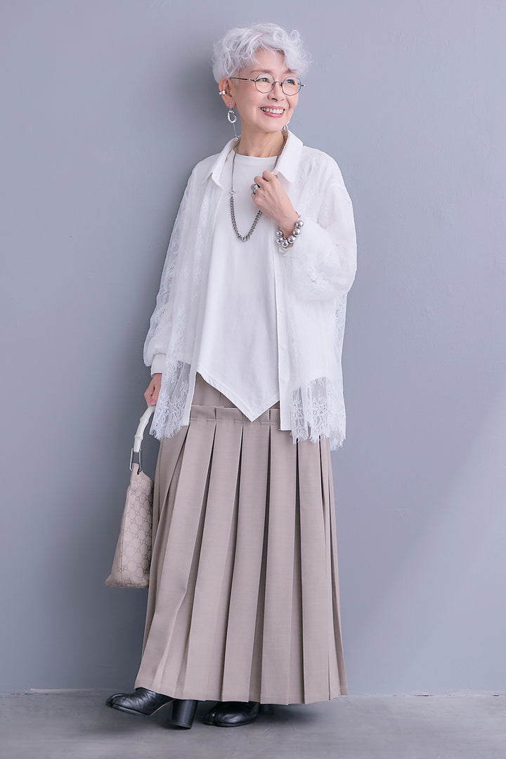 【SET】アイラッシュレースボリュームスリーブシャツ+アシンメトリーロンT+ボックスプリーツロングスカート(3set)
