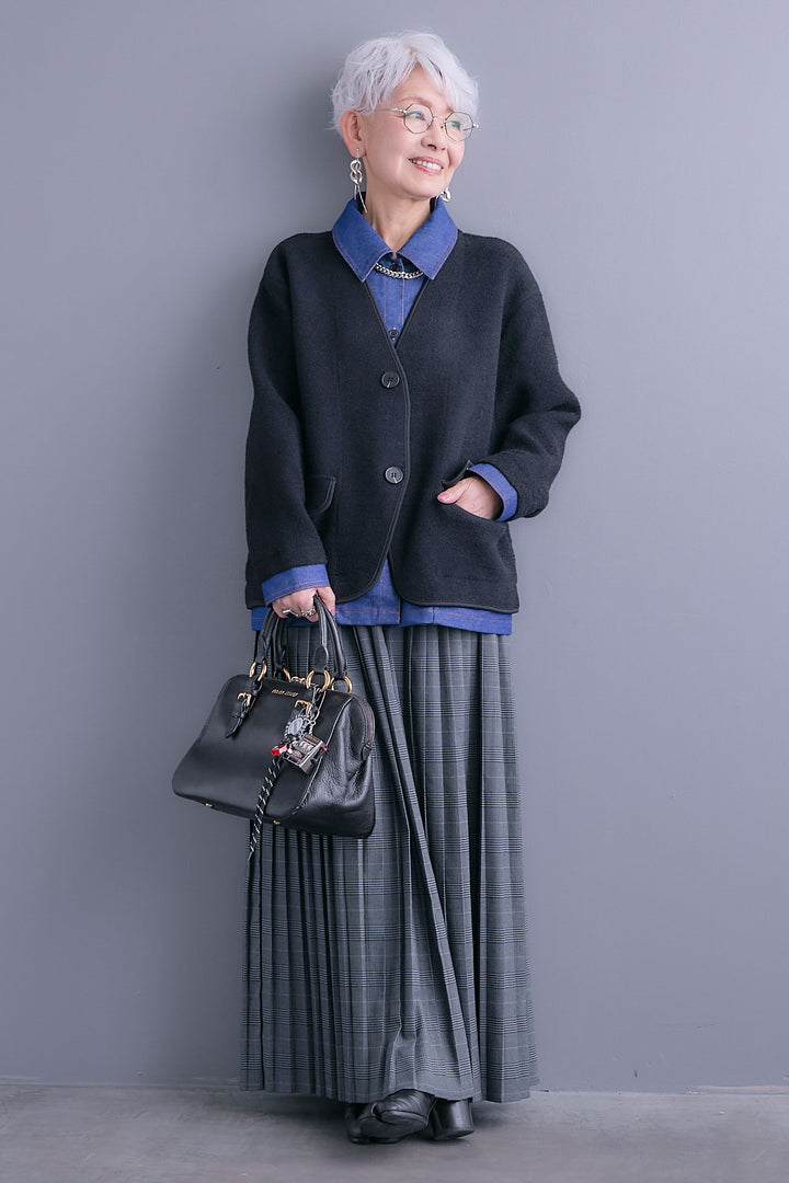 【SET】デニムレイヤードデザインカーディガン+グレンチェックプリーツスカート(2set)