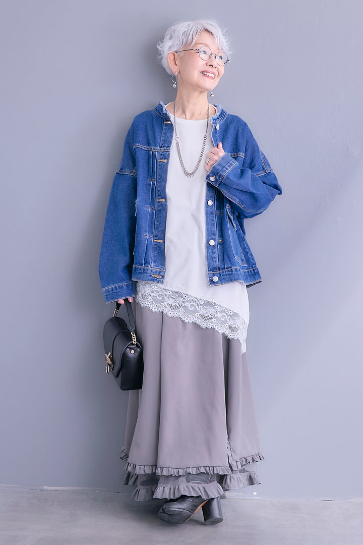 【SET】ノーカラーオーバーサイズデニムジャケット+ヘムレースアシメロンT+ヘムチュールレイヤードフリルスカート(3set)