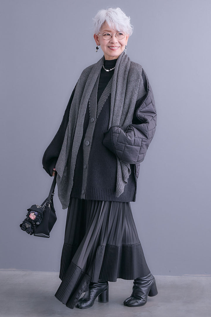 【SET】バックキルティングローゲージニットカーディガン【ストール付き】+アシンメトリープリーツスカート(2set)