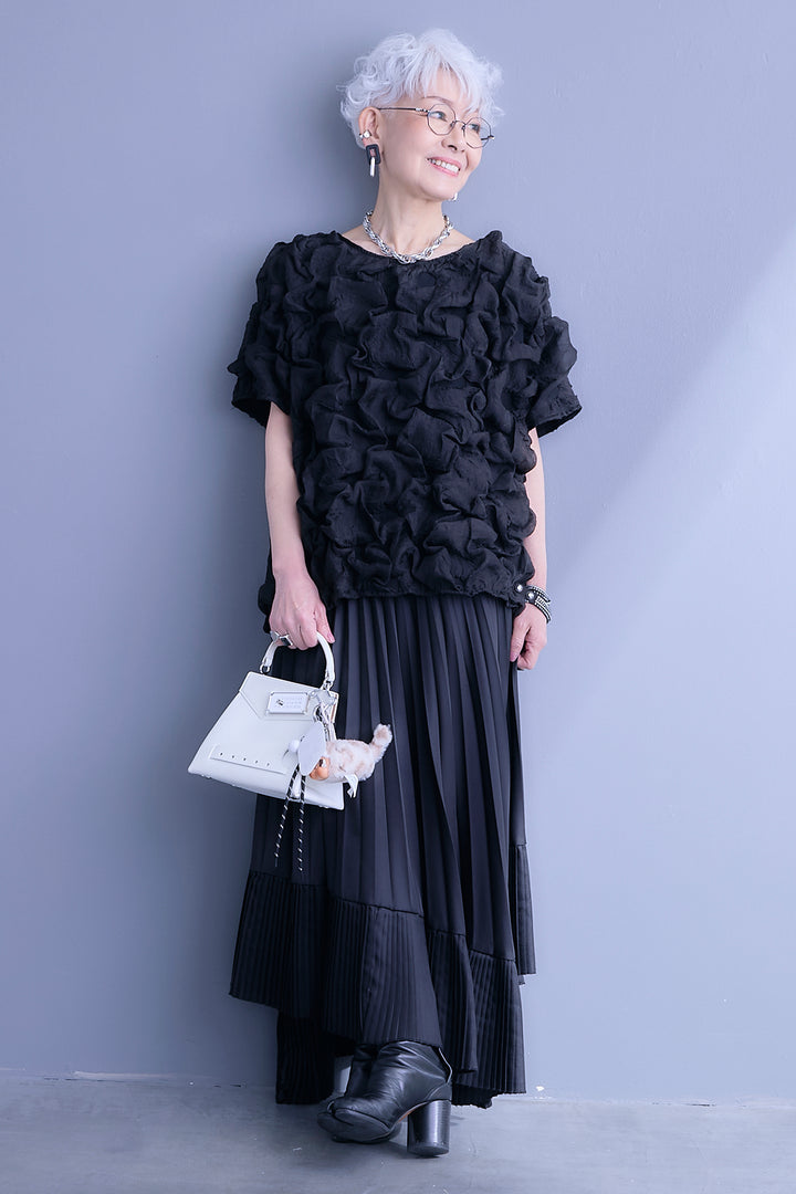 【SET】マトラッセボリュームフリルトップス+アシンメトリープリーツスカート(2set)