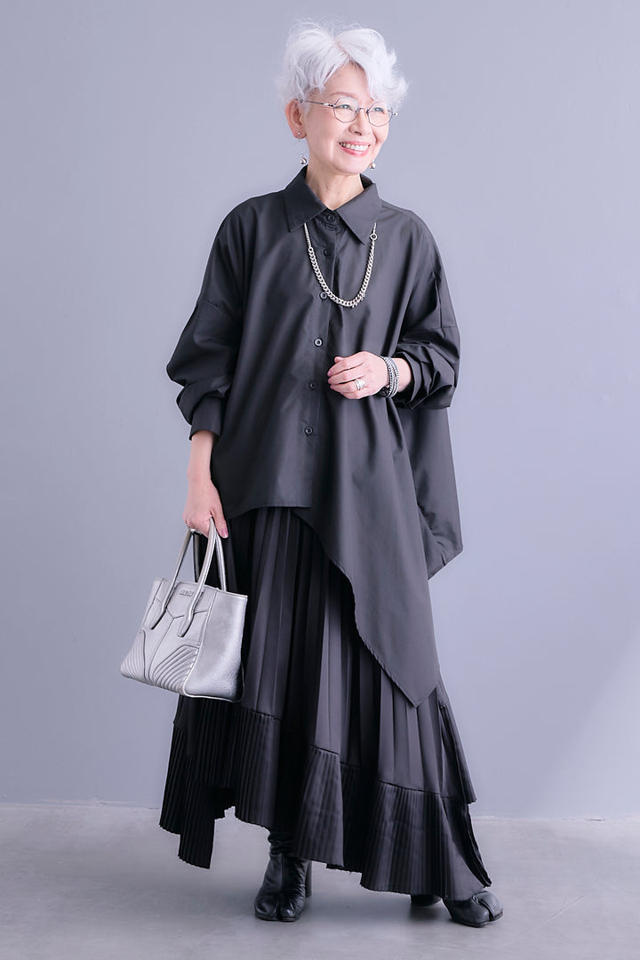 【SET】アシンメトリーロングシャツ+アシンメトリープリーツスカート(2set)