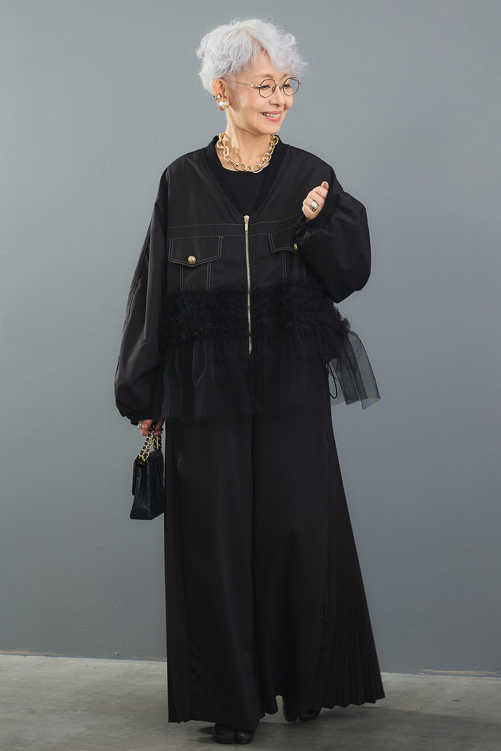 【SET】チュールドッキングブルゾン+サイドプリーツワイドパンツ(2set)