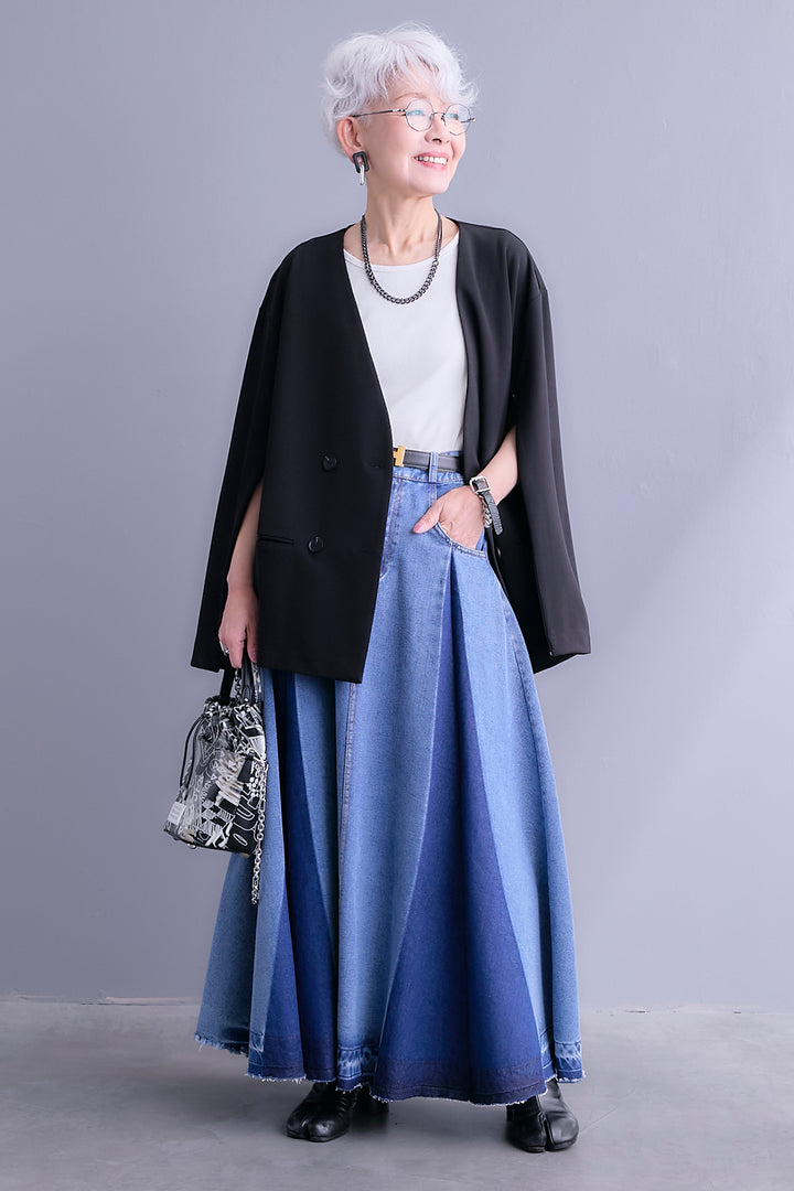 【SET】ZIPスリーブケープライク2WAYジャケット+プリーツタックデニムスカート(2set)