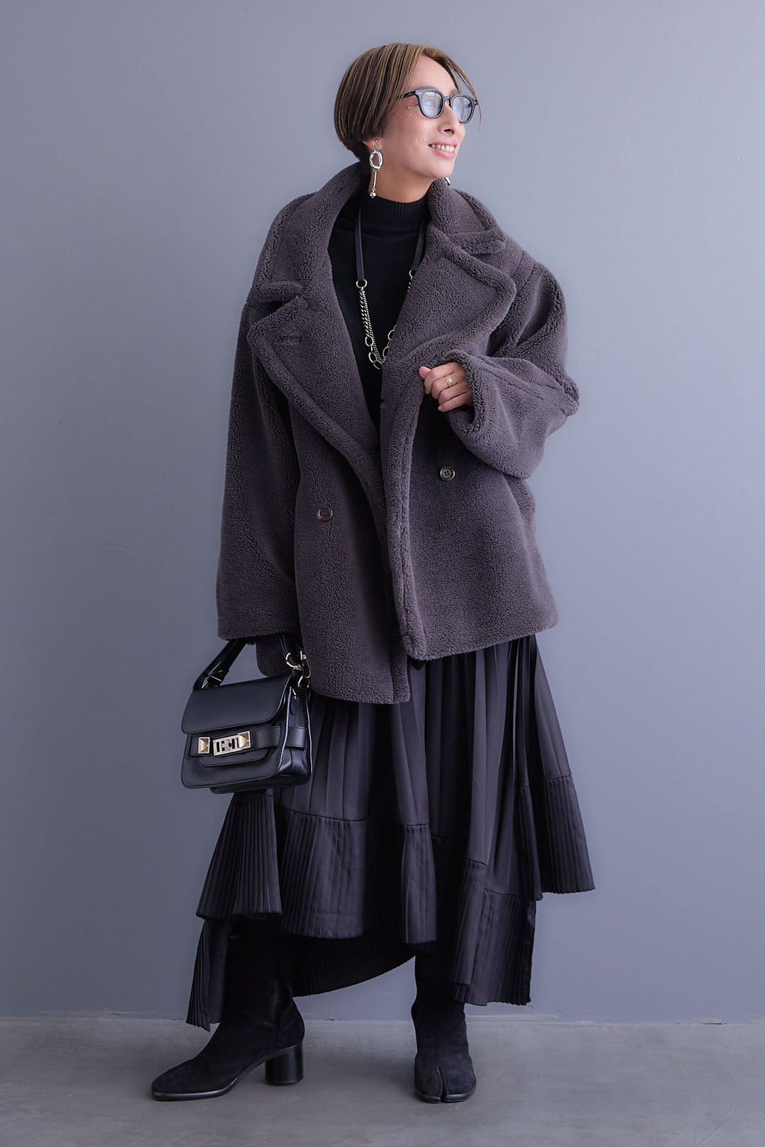 【SET】アシンメトリーオーバーニット+テディボアミディコート+アシンメトリープリーツスカート(3set)