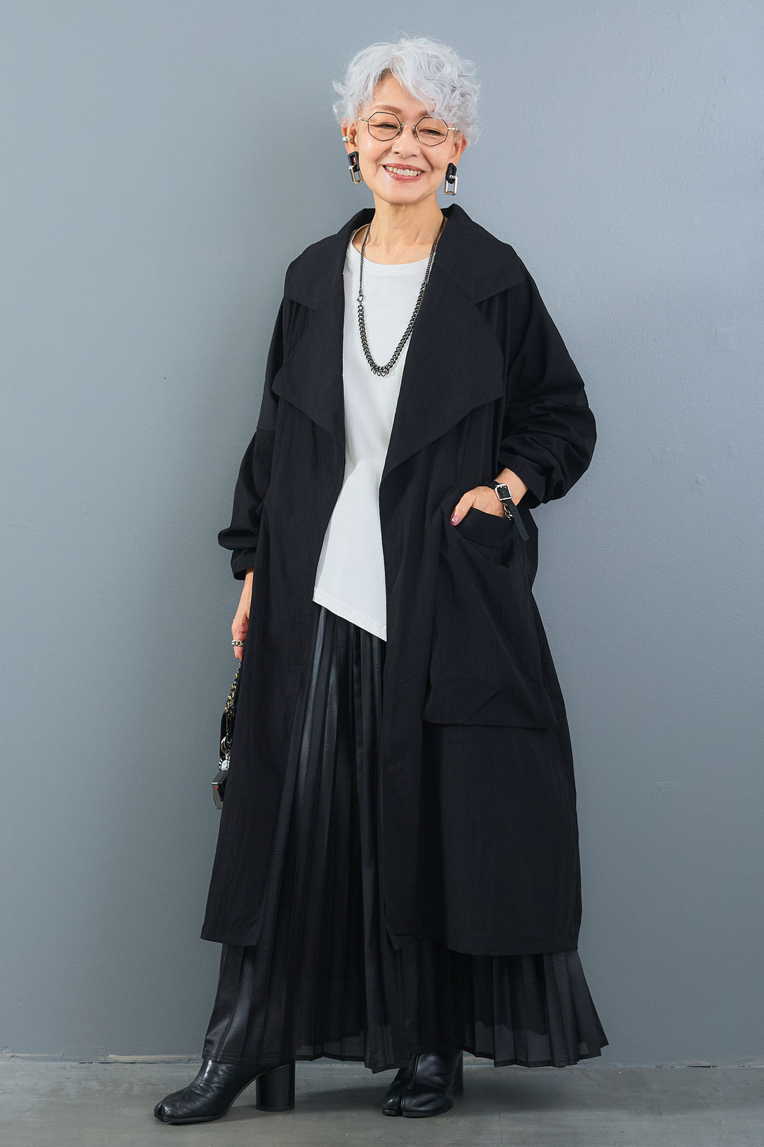 【SET】アシンメトリーロンT+ワッシャートレンチライクライトコート+レザーライクプリーツスカート(3set)